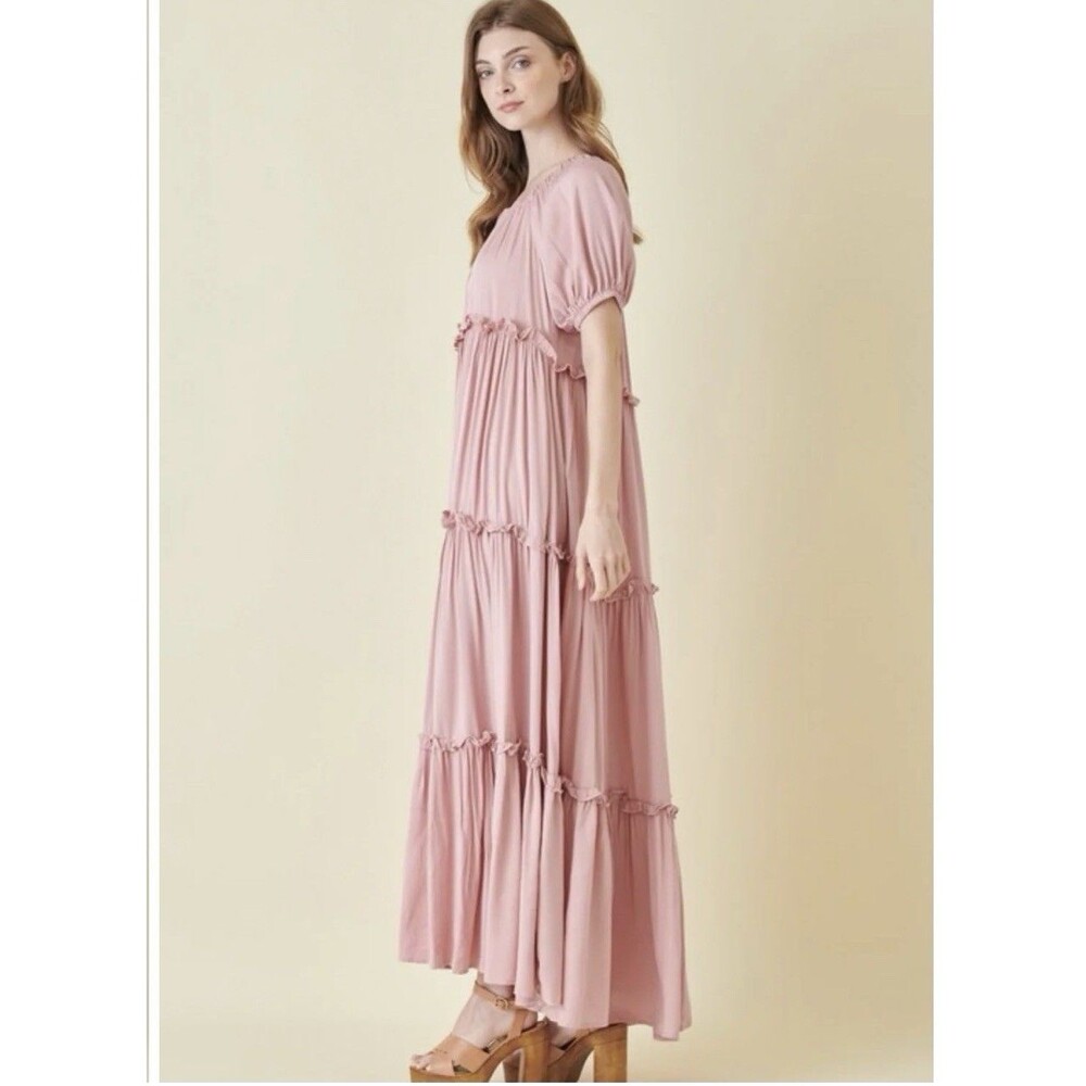Fore Womens Pink Tiered Maxi Dress Size Medium Cottagecore Prairie Boho Peasant - Picture 3 of 10